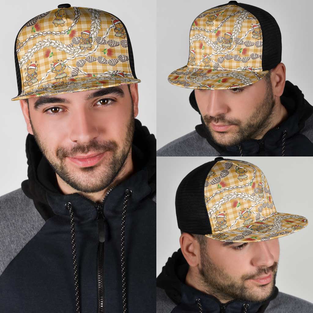 Gold Palaka Hawaii Mele Kalikimaka Mesh Trucker Cap Ohia Lehua Shell Leis Funny Gingerbread Santa - Polynesian Pride