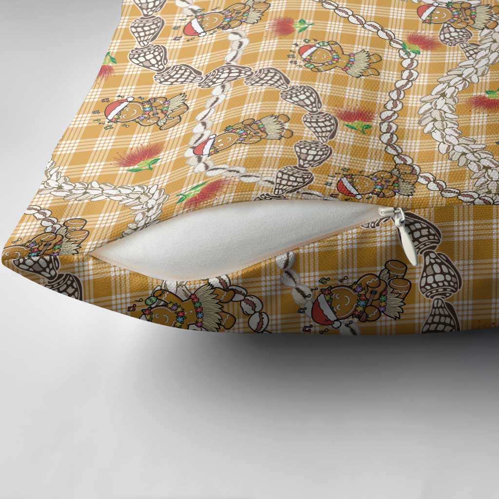 Gold Palaka Hawaii Mele Kalikimaka Pillow Cover Ohia Lehua Shell Leis Funny Gingerbread Santa - Polynesian Pride