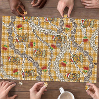 Gold Palaka Hawaii Mele Kalikimaka Puzzle Ohia Lehua Shell Leis Funny Gingerbread Santa - Polynesian Pride