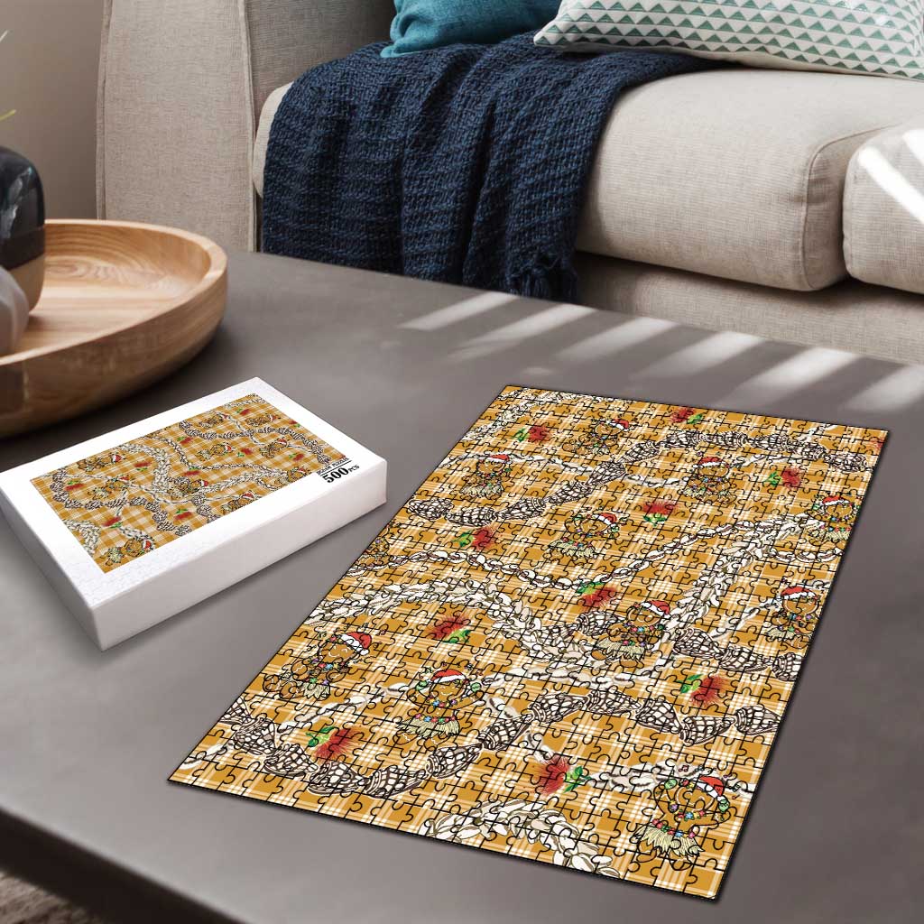 Gold Palaka Hawaii Mele Kalikimaka Puzzle Ohia Lehua Shell Leis Funny Gingerbread Santa - Polynesian Pride