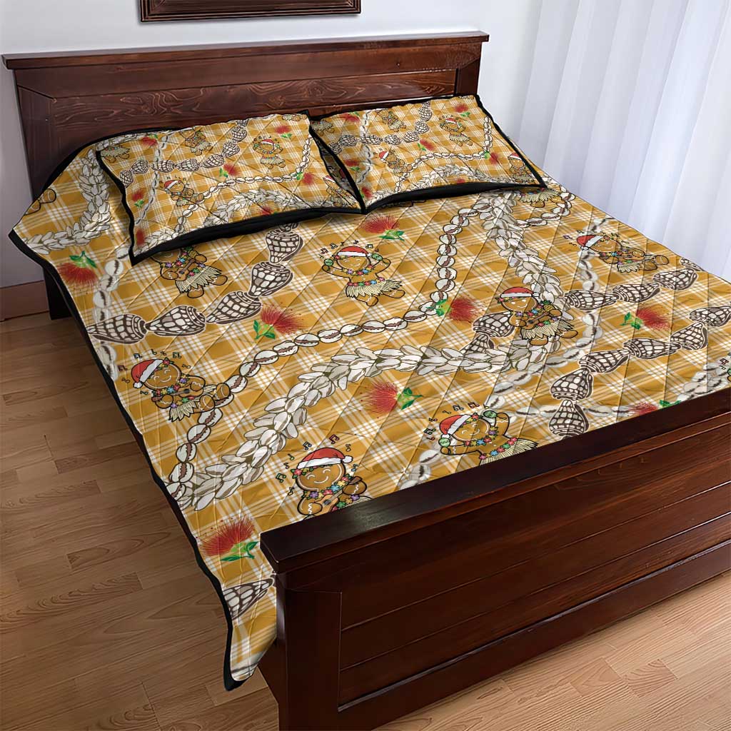 Gold Palaka Hawaii Mele Kalikimaka Quilt Bed Set Ohia Lehua Shell Leis Funny Gingerbread Santa - Polynesian Pride
