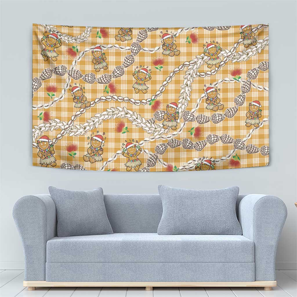 Gold Palaka Hawaii Mele Kalikimaka Tapestry Ohia Lehua Shell Leis Funny Gingerbread Santa - Polynesian Pride