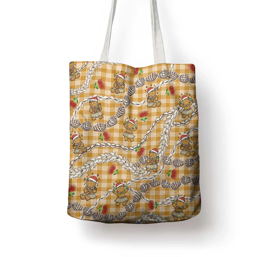 Gold Palaka Hawaii Mele Kalikimaka Tote Bag Ohia Lehua Shell Leis Funny Gingerbread Santa - Polynesian Pride