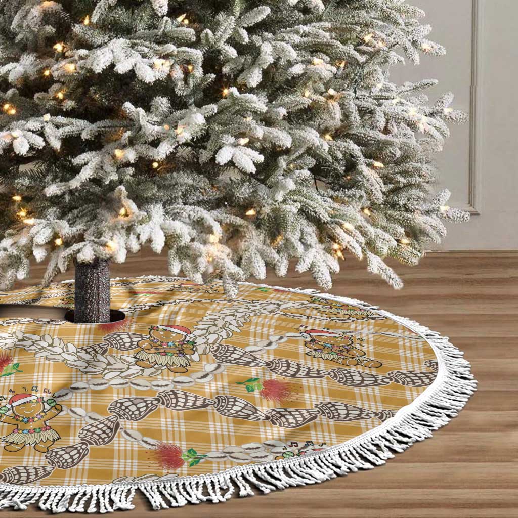 Gold Palaka Hawaii Mele Kalikimaka Tree Skirt Ohia Lehua Shell Leis Funny Gingerbread Santa - Polynesian Pride