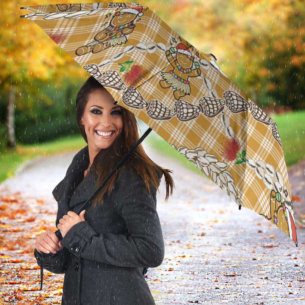 Gold Palaka Hawaii Mele Kalikimaka Umbrella Ohia Lehua Shell Leis Funny Gingerbread Santa - Polynesian Pride