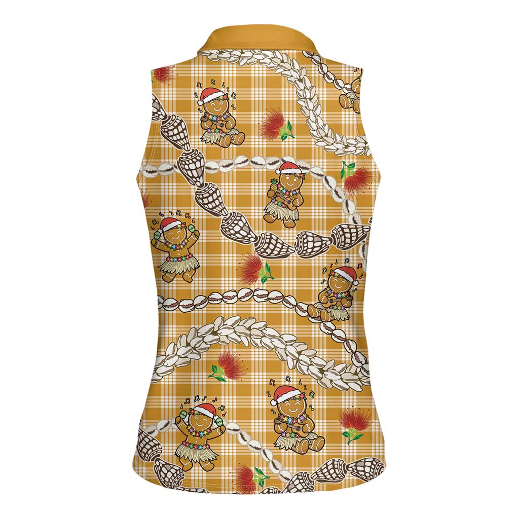 Gold Palaka Hawaii Mele Kalikimaka Women Sleeveless Polo Shirt Ohia Lehua Shell Leis Funny Gingerbread Santa - Polynesian Pride