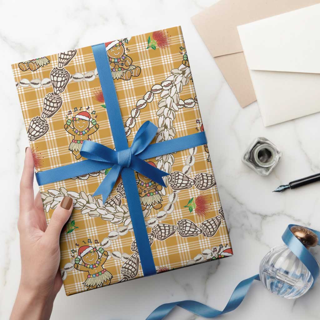Gold Palaka Hawaii Mele Kalikimaka Wrapping Paper Ohia Lehua Shell Leis Funny Gingerbread Santa - Polynesian Pride