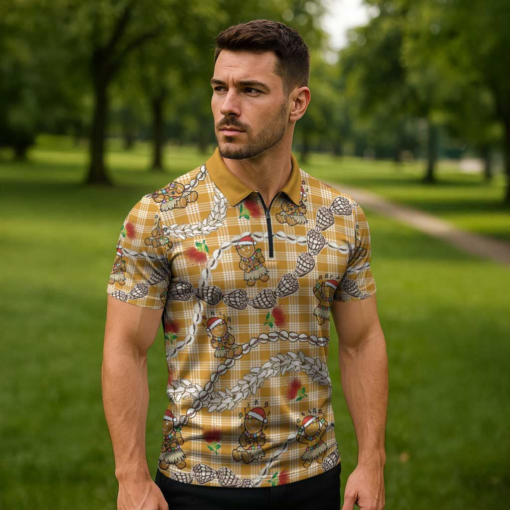 Gold Palaka Hawaii Mele Kalikimaka Zipper Polo Shirt Ohia Lehua Shell Leis Funny Gingerbread Santa - Polynesian Pride