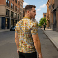 Gold Palaka Hawaii Mele Kalikimaka Zipper Polo Shirt Ohia Lehua Shell Leis Funny Gingerbread Santa - Polynesian Pride