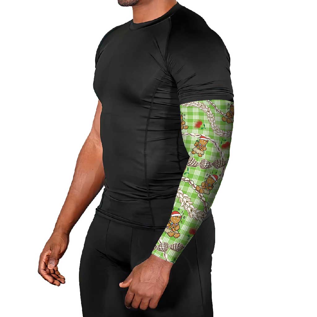 Green Palaka Hawaii Mele Kalikimaka Arm Sleeves Ohia Lehua Shell Leis Funny Gingerbread Santa - Polynesian Pride