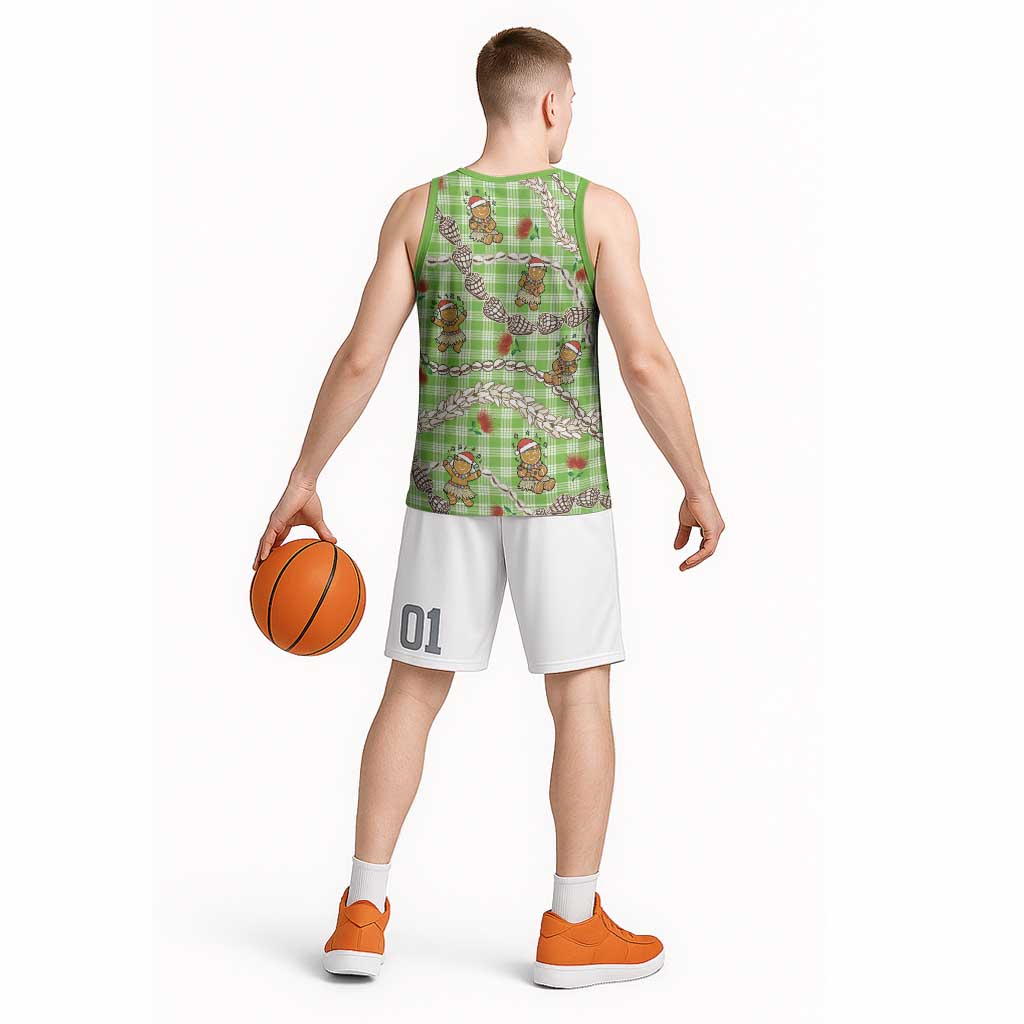 Green Palaka Hawaii Mele Kalikimaka Basketball Jersey Ohia Lehua Shell Leis Funny Gingerbread Santa - Polynesian Pride