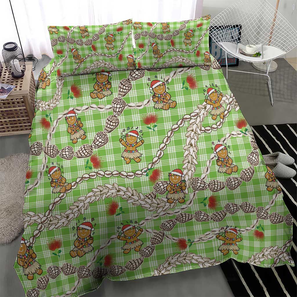 Green Palaka Hawaii Mele Kalikimaka Bedding Set Ohia Lehua Shell Leis Funny Gingerbread Santa - Polynesian Pride