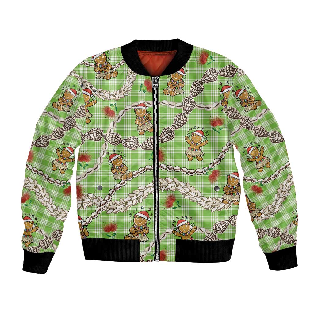 Green Palaka Hawaii Mele Kalikimaka Bomber Jacket Ohia Lehua Shell Leis Funny Gingerbread Santa - Polynesian Pride