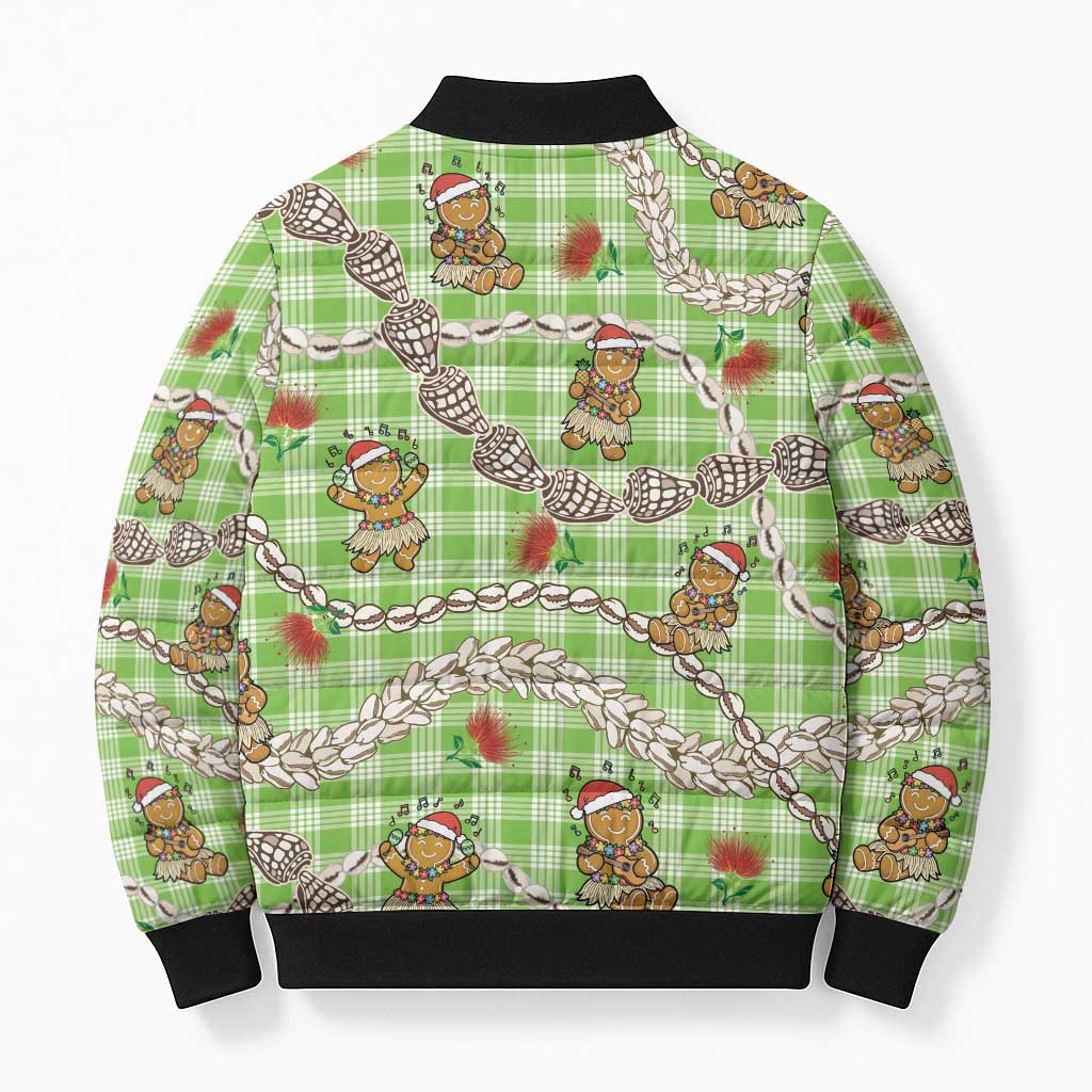 Green Palaka Hawaii Mele Kalikimaka Bomber Puffer Jacket Ohia Lehua Shell Leis Funny Gingerbread Santa - Polynesian Pride