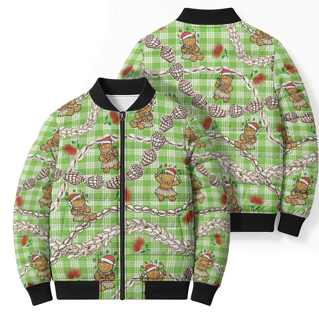 Green Palaka Hawaii Mele Kalikimaka Bomber Puffer Jacket Ohia Lehua Shell Leis Funny Gingerbread Santa - Polynesian Pride