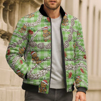 Green Palaka Hawaii Mele Kalikimaka Bomber Puffer Jacket Ohia Lehua Shell Leis Funny Gingerbread Santa - Polynesian Pride