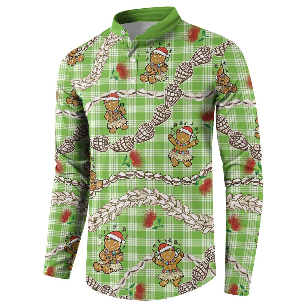 Green Palaka Hawaii Mele Kalikimaka Button Sweatshirt Ohia Lehua Shell Leis Funny Gingerbread Santa - Polynesian Pride