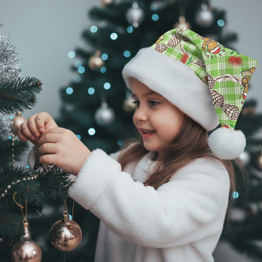 Green Palaka Hawaii Mele Kalikimaka Christmas Santa Hat Ohia Lehua Shell Leis Funny Gingerbread Santa - Polynesian Pride
