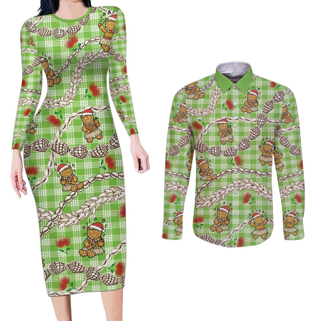 Green Palaka Hawaii Mele Kalikimaka Couples Matching Long Sleeve Bodycon Dress and Long Sleeve Button Shirt Ohia Lehua Shell Leis Funny Gingerbread Santa - Polynesian Pride