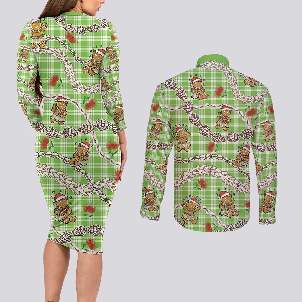 Green Palaka Hawaii Mele Kalikimaka Couples Matching Long Sleeve Bodycon Dress and Long Sleeve Button Shirt Ohia Lehua Shell Leis Funny Gingerbread Santa - Polynesian Pride