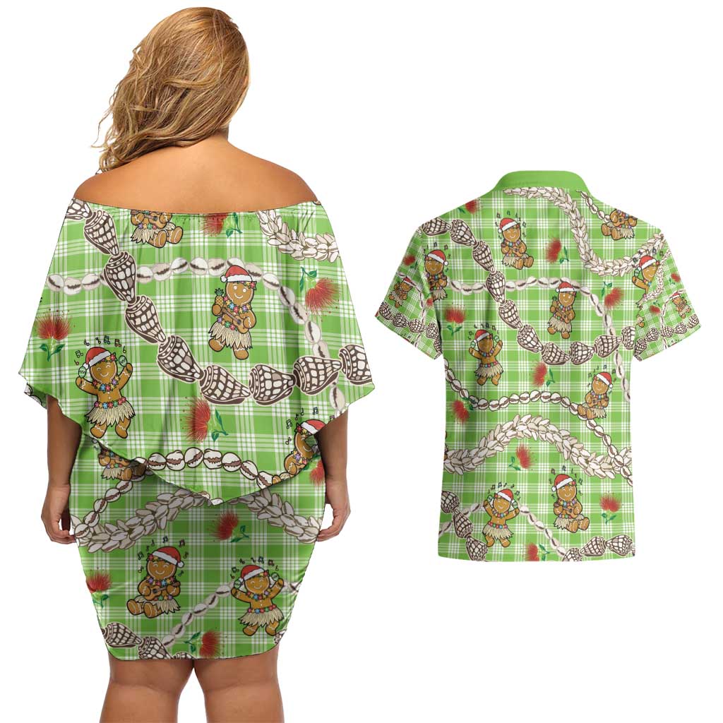 Green Palaka Hawaii Mele Kalikimaka Couples Matching Off Shoulder Short Dress and Hawaiian Shirt Ohia Lehua Shell Leis Funny Gingerbread Santa - Polynesian Pride