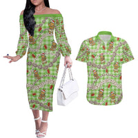 Green Palaka Hawaii Mele Kalikimaka Couples Matching Off The Shoulder Long Sleeve Dress and Hawaiian Shirt Ohia Lehua Shell Leis Funny Gingerbread Santa - Polynesian Pride