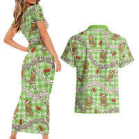 Green Palaka Hawaii Mele Kalikimaka Couples Matching Short Sleeve Bodycon Dress and Hawaiian Shirt Ohia Lehua Shell Leis Funny Gingerbread Santa - Polynesian Pride