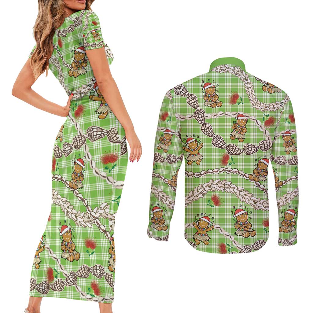 Green Palaka Hawaii Mele Kalikimaka Couples Matching Short Sleeve Bodycon Dress and Long Sleeve Button Shirt Ohia Lehua Shell Leis Funny Gingerbread Santa - Polynesian Pride