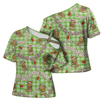 Green Palaka Hawaii Mele Kalikimaka Cross Shoulder Shirt Ohia Lehua Shell Leis Funny Gingerbread Santa - Polynesian Pride
