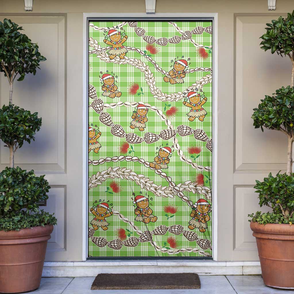Green Palaka Hawaii Mele Kalikimaka Door Cover Ohia Lehua Shell Leis Funny Gingerbread Santa - Polynesian Pride