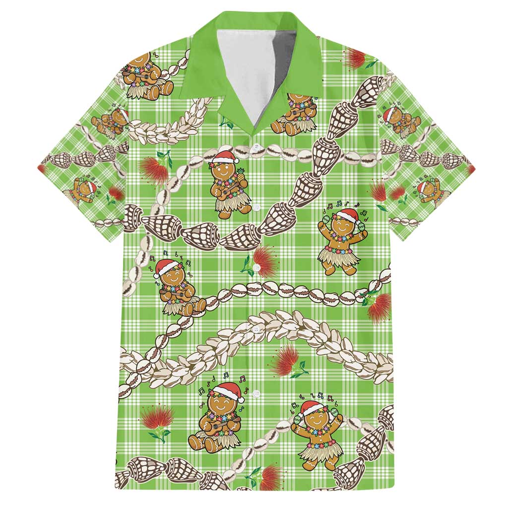 Green Palaka Hawaii Mele Kalikimaka Family Matching Long Sleeve Bodycon Dress and Hawaiian Shirt Ohia Lehua Shell Leis Funny Gingerbread Santa - Polynesian Pride
