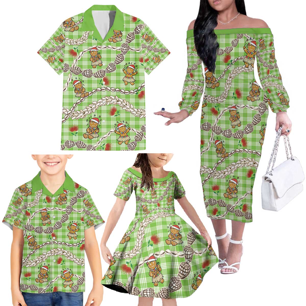 Green Palaka Hawaii Mele Kalikimaka Family Matching Off The Shoulder Long Sleeve Dress and Hawaiian Shirt Ohia Lehua Shell Leis Funny Gingerbread Santa - Polynesian Pride