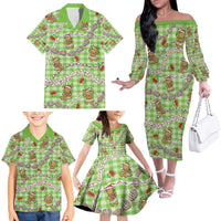 Green Palaka Hawaii Mele Kalikimaka Family Matching Off The Shoulder Long Sleeve Dress and Hawaiian Shirt Ohia Lehua Shell Leis Funny Gingerbread Santa - Polynesian Pride