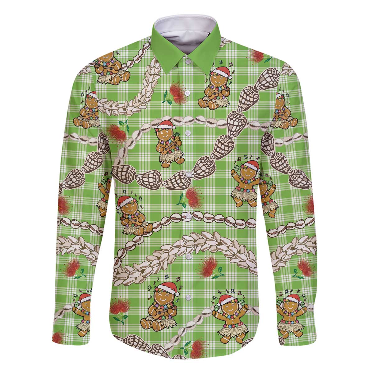 Green Palaka Hawaii Mele Kalikimaka Family Matching Off The Shoulder Long Sleeve Dress and Hawaiian Shirt Ohia Lehua Shell Leis Funny Gingerbread Santa - Polynesian Pride