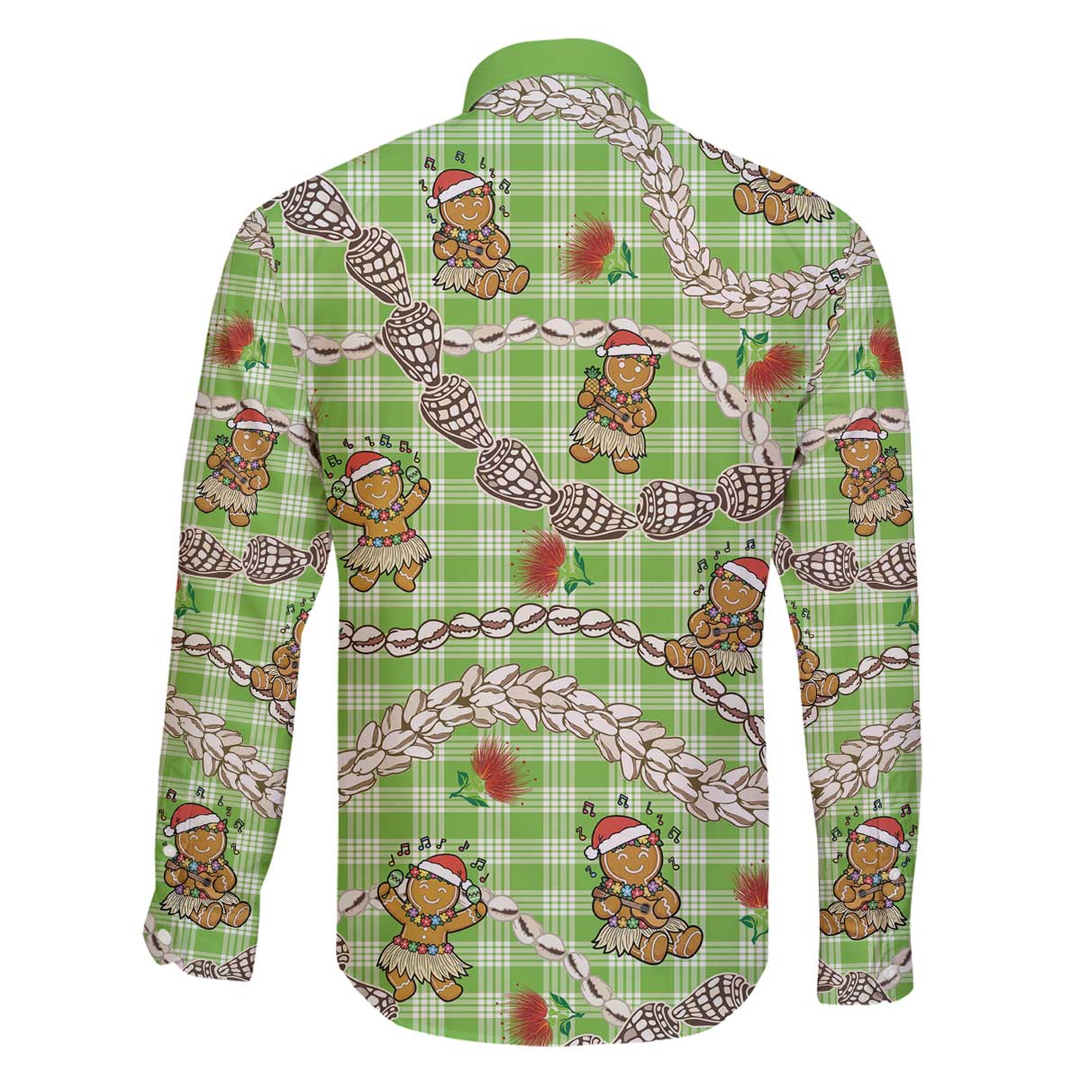 Green Palaka Hawaii Mele Kalikimaka Family Matching Off The Shoulder Long Sleeve Dress and Hawaiian Shirt Ohia Lehua Shell Leis Funny Gingerbread Santa - Polynesian Pride