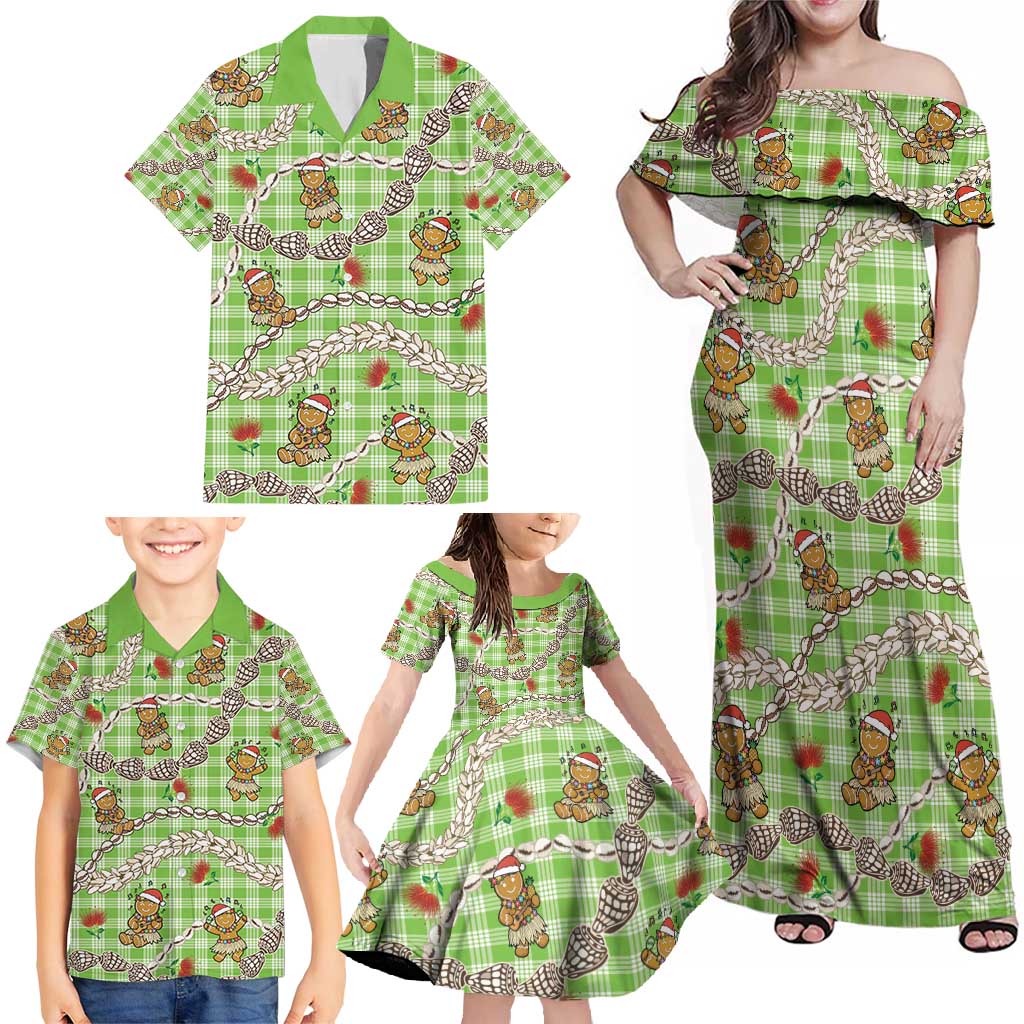 Green Palaka Hawaii Mele Kalikimaka Family Matching Off Shoulder Maxi Dress and Hawaiian Shirt Ohia Lehua Shell Leis Funny Gingerbread Santa - Polynesian Pride