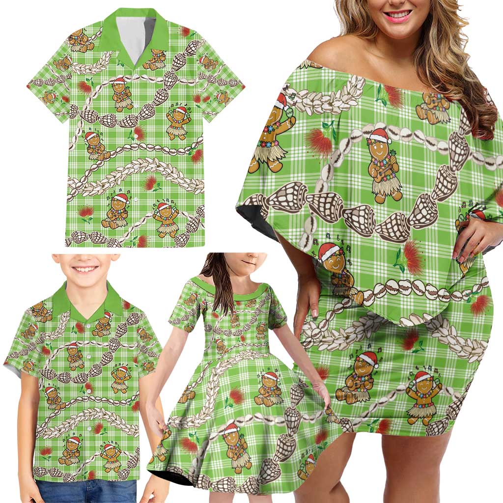 Green Palaka Hawaii Mele Kalikimaka Family Matching Off Shoulder Short Dress and Hawaiian Shirt Ohia Lehua Shell Leis Funny Gingerbread Santa - Polynesian Pride