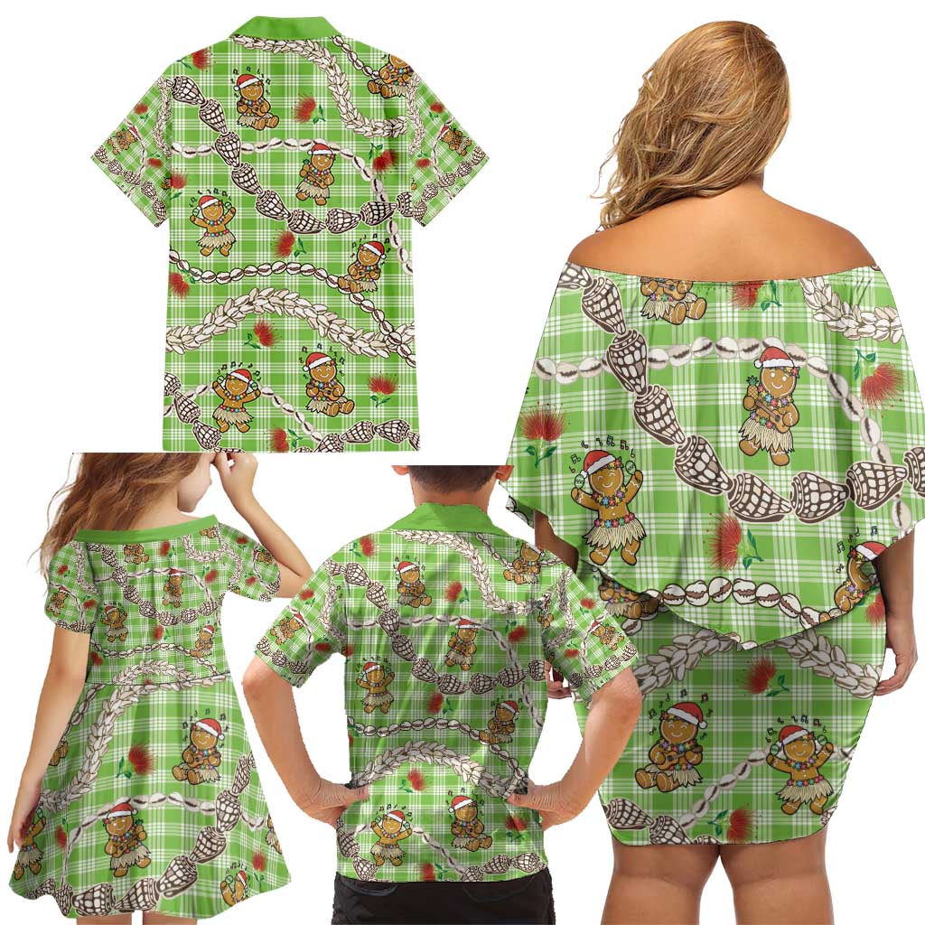 Green Palaka Hawaii Mele Kalikimaka Family Matching Off Shoulder Short Dress and Hawaiian Shirt Ohia Lehua Shell Leis Funny Gingerbread Santa - Polynesian Pride