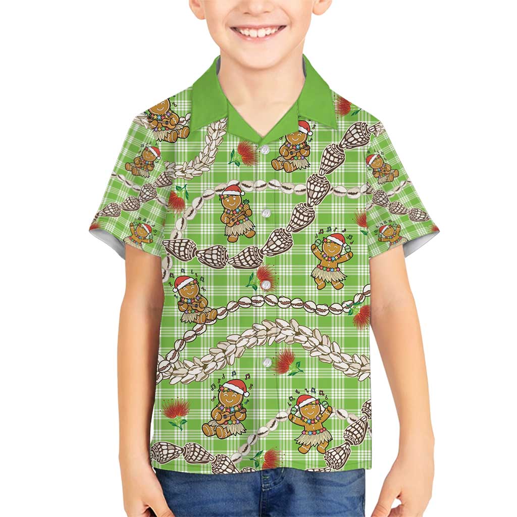 Green Palaka Hawaii Mele Kalikimaka Family Matching Off Shoulder Short Dress and Hawaiian Shirt Ohia Lehua Shell Leis Funny Gingerbread Santa - Polynesian Pride