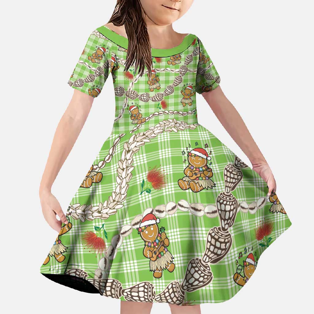 Green Palaka Hawaii Mele Kalikimaka Family Matching Short Sleeve Bodycon Dress and Hawaiian Shirt Ohia Lehua Shell Leis Funny Gingerbread Santa - Polynesian Pride