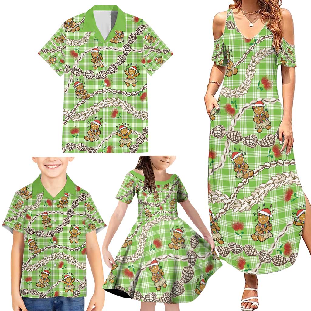 Green Palaka Hawaii Mele Kalikimaka Family Matching Summer Maxi Dress and Hawaiian Shirt Ohia Lehua Shell Leis Funny Gingerbread Santa - Polynesian Pride