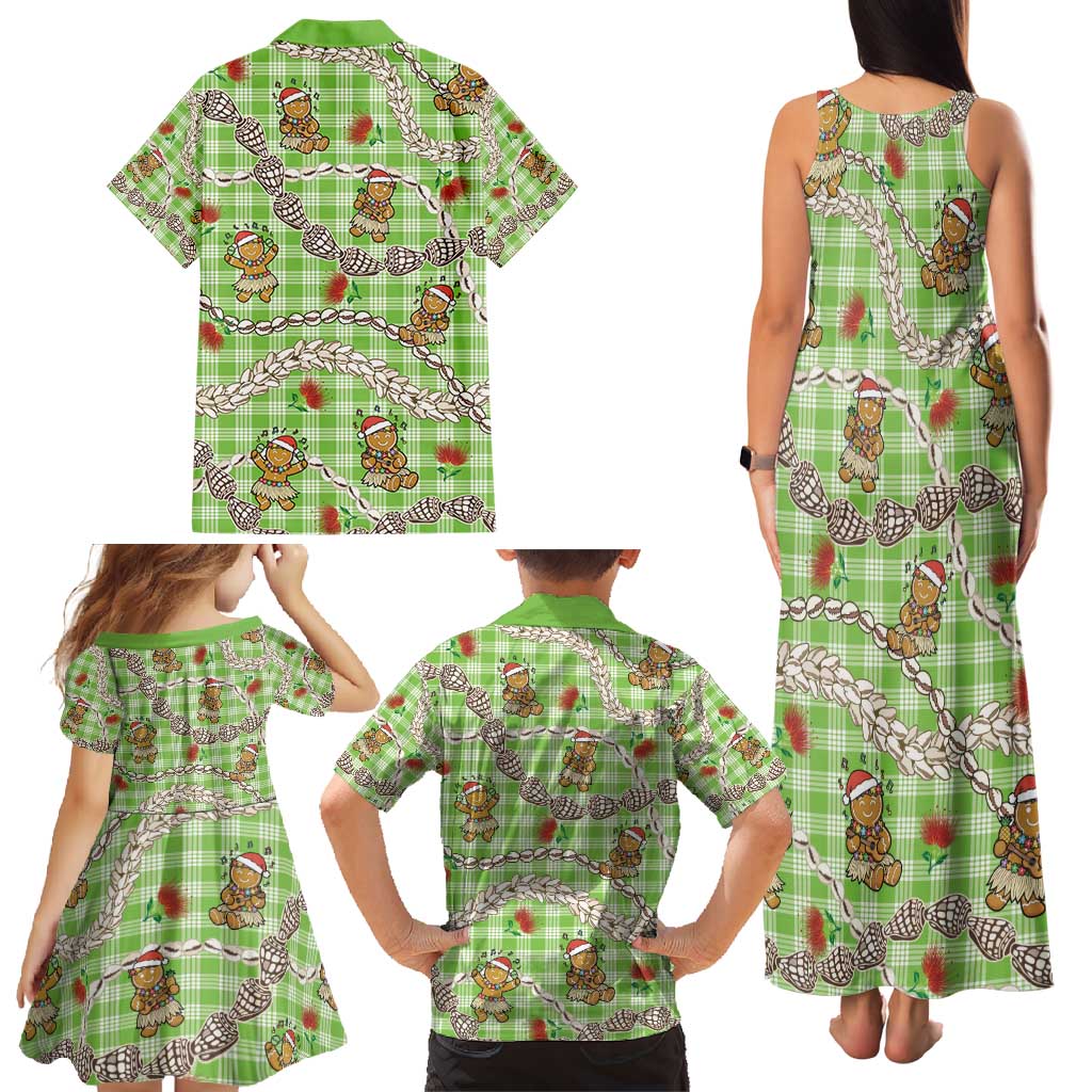 Green Palaka Hawaii Mele Kalikimaka Family Matching Tank Maxi Dress and Hawaiian Shirt Ohia Lehua Shell Leis Funny Gingerbread Santa - Polynesian Pride