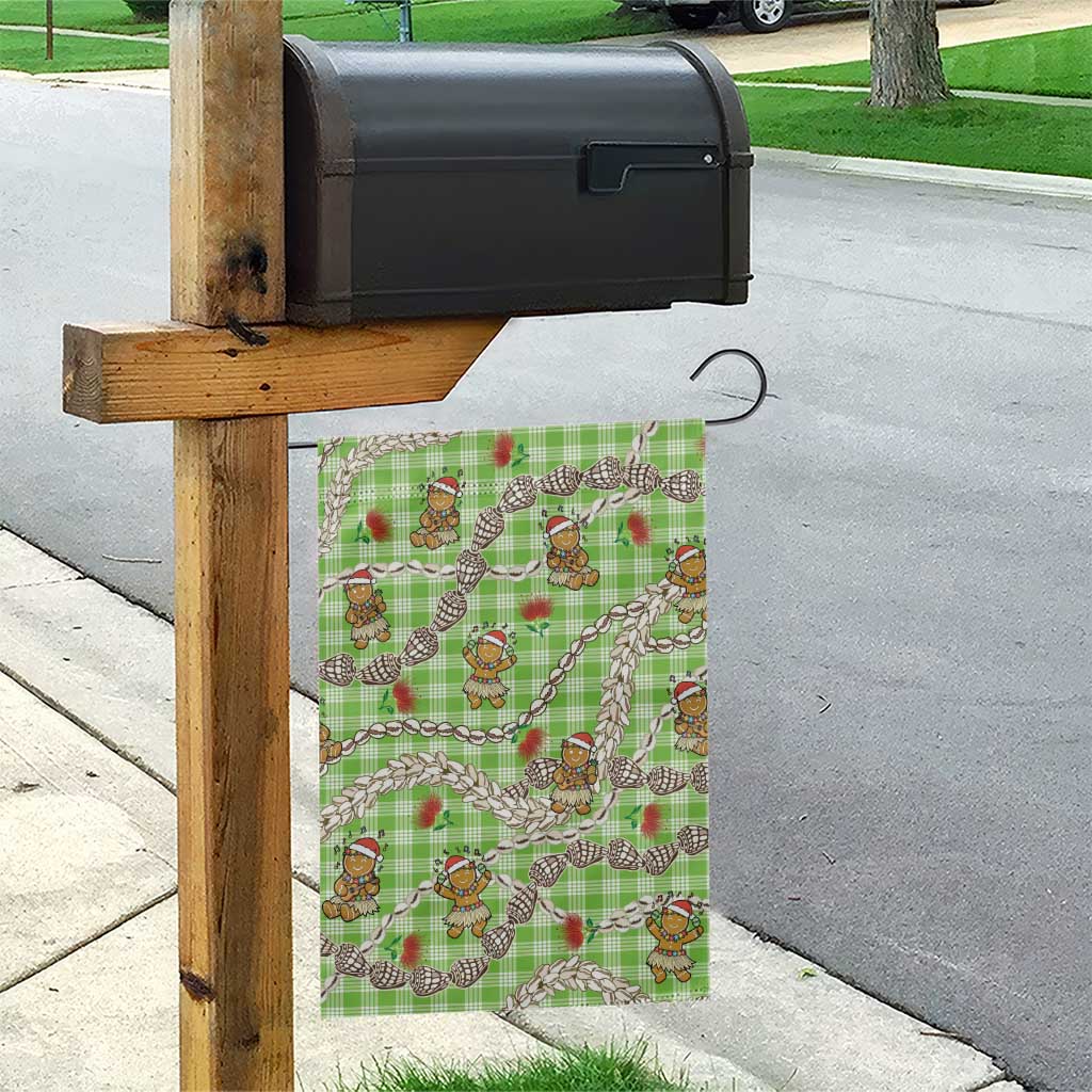 Green Palaka Hawaii Mele Kalikimaka Garden Flag Ohia Lehua Shell Leis Funny Gingerbread Santa - Polynesian Pride