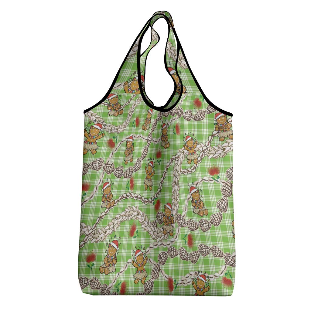 Green Palaka Hawaii Mele Kalikimaka Grocery Bag Ohia Lehua Shell Leis Funny Gingerbread Santa - Polynesian Pride