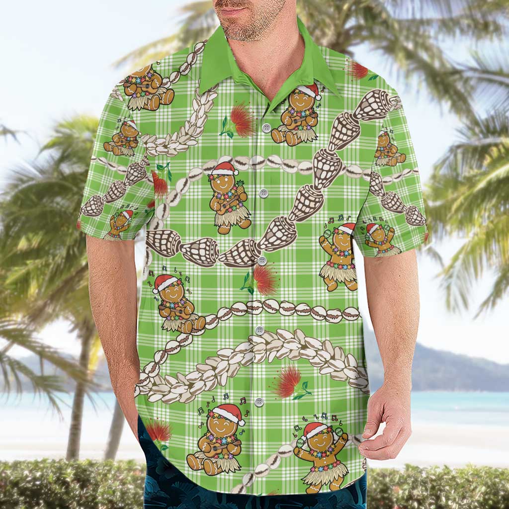 Green Palaka Hawaii Mele Kalikimaka Hawaiian Shirt Ohia Lehua Shell Leis Funny Gingerbread Santa - Polynesian Pride