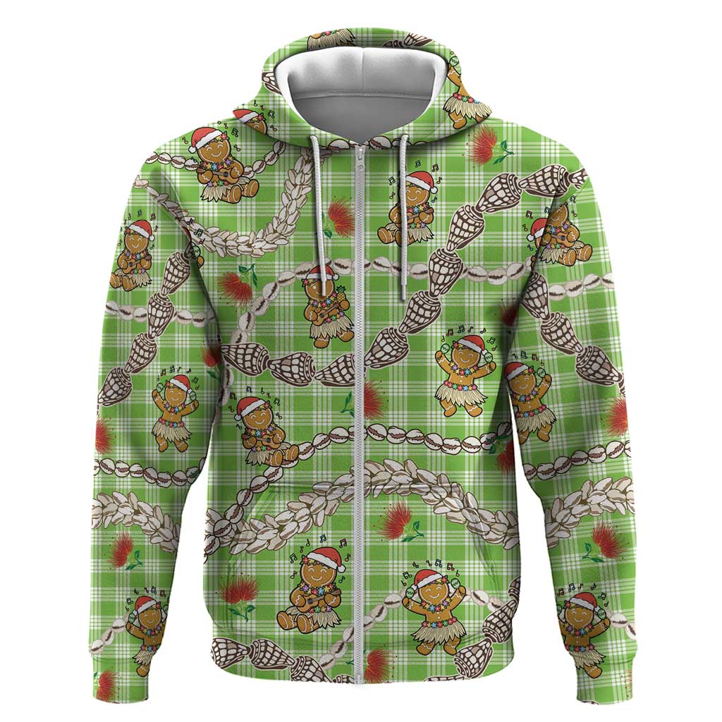 Green Palaka Hawaii Mele Kalikimaka Hoodie Ohia Lehua Shell Leis Funny Gingerbread Santa - Polynesian Pride