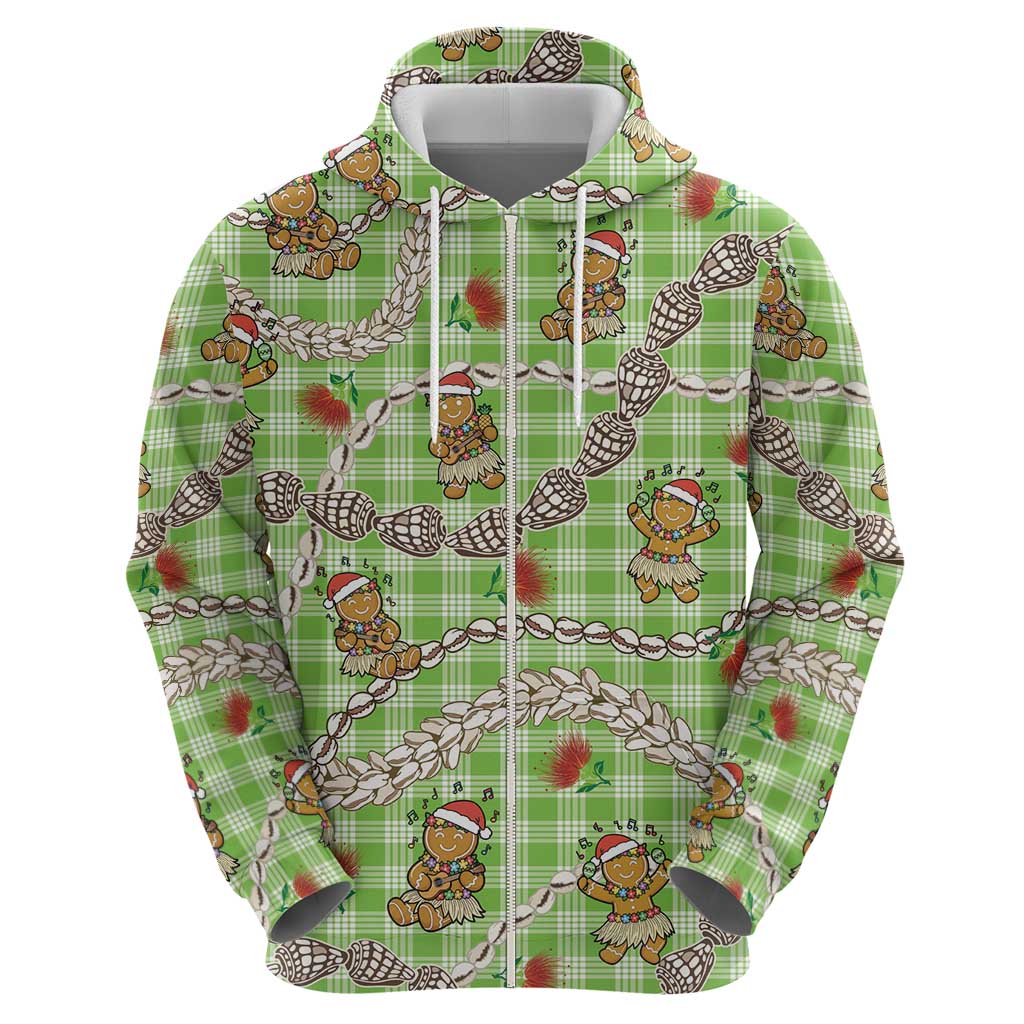 Green Palaka Hawaii Mele Kalikimaka Hoodie Ohia Lehua Shell Leis Funny Gingerbread Santa - Polynesian Pride