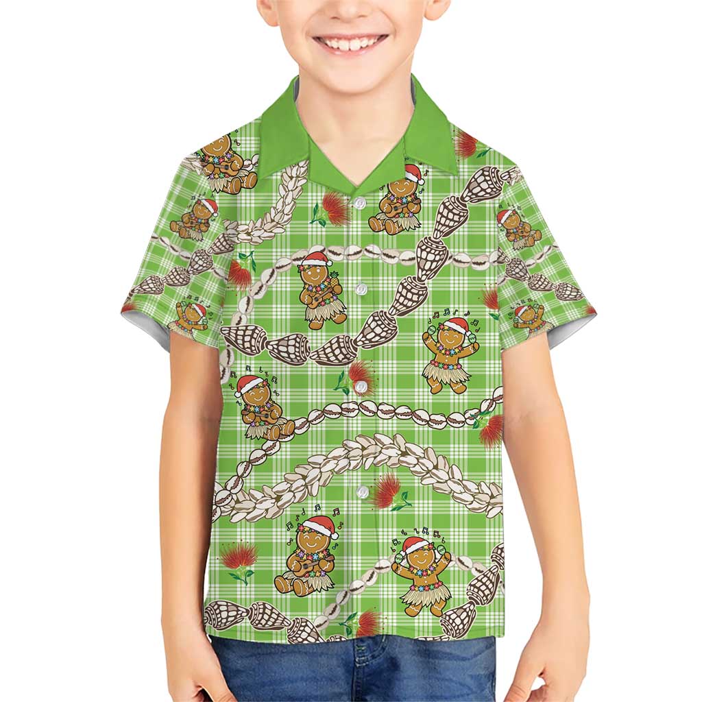 Green Palaka Hawaii Mele Kalikimaka Kid Hawaiian Shirt Ohia Lehua Shell Leis Funny Gingerbread Santa - Polynesian Pride