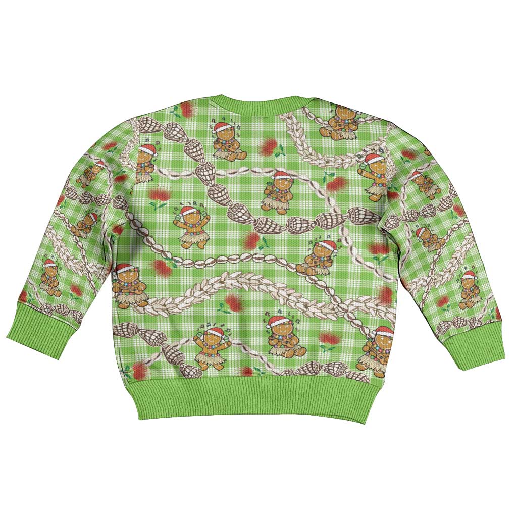 Green Palaka Hawaii Mele Kalikimaka Kid Ugly Christmas Sweater Ohia Lehua Shell Leis Funny Gingerbread Santa - Polynesian Pride