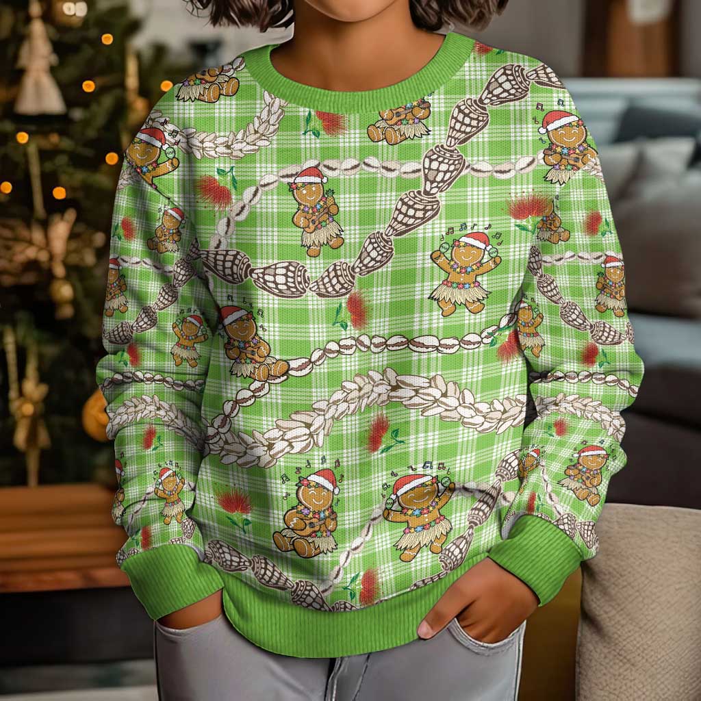 Green Palaka Hawaii Mele Kalikimaka Kid Ugly Christmas Sweater Ohia Lehua Shell Leis Funny Gingerbread Santa - Polynesian Pride